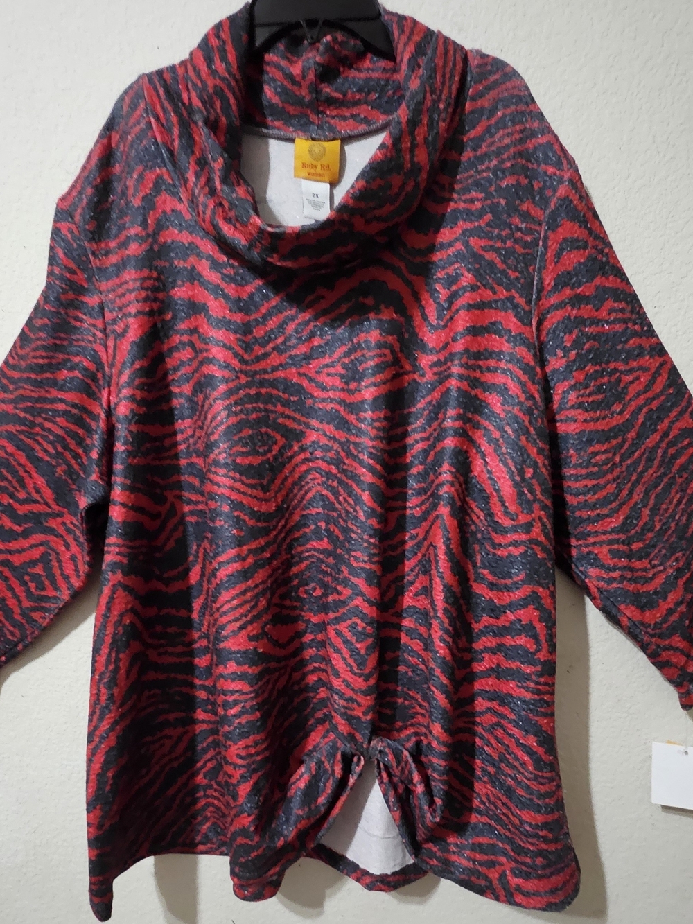 Ruby Rd. Red and Black Zebra-Print Cowl Neck Sweater with Front Twist